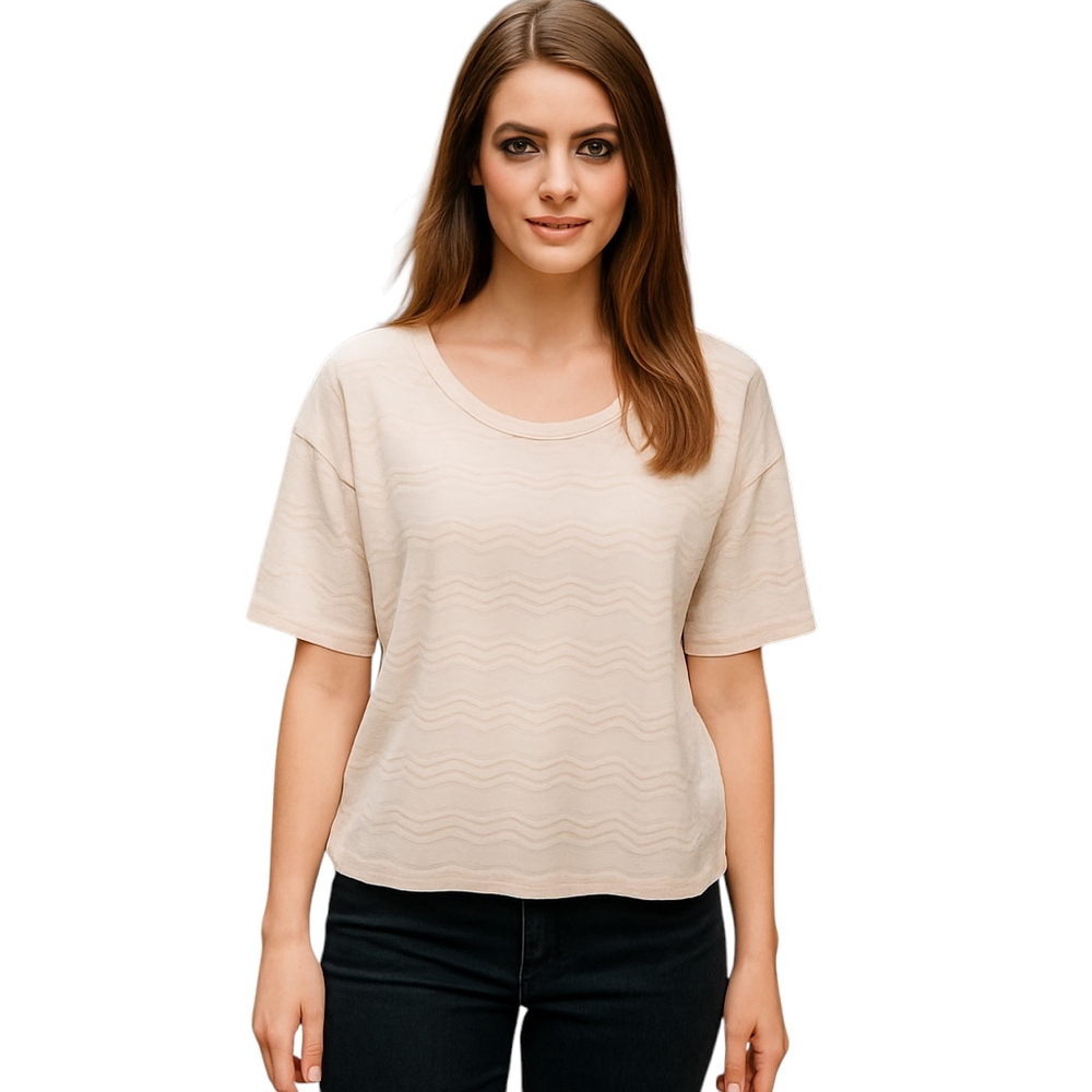 Madewell Texture & Thread Scallop-Stripe Top Womens L Beige Minimalist Preppy